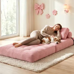 【Sweet Sofa Bed!!! 】Mr IRONSTONE Folding Sofa with Headrest, Convertible Sleeper Chair with Pillow Foldable Mattress with Back Support, Pink Gray Beige for Small Living Spaces