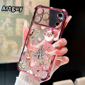 Compatible with Phone Case iPhone 17 Pro Max 16 15 Plus Air 14 13 12 11 E Pink Christmas Pattern Transparent Full Coverage Four Corners Anti-drop Casing