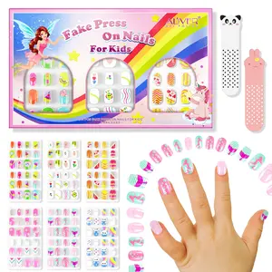Aliver Kids Wearable Nails Set, 144pcs Oval Medium Fake Nail Tips + 2 Nail Files, Christmas Gift Toy Manicure Accessories
