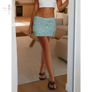 Women’s sequin short skirt with beads and floral details, low-rise mini bodycon skirt, trendy summer streetwear bottoms, polyester women’s basic wear