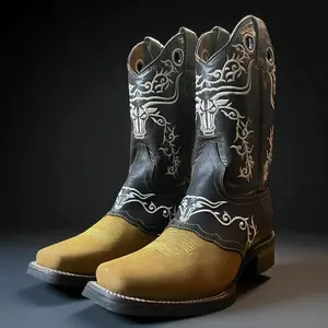 Men’s Square Toe Cowboy Boots. Brown Leather Boots for Men. Western Rodeo Boots. Embroidered Cowboy Boots. Botas Vaquera De Hombre.