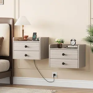 Floating Nightstand Set of 2 with 2 Storage Drawers and  Station  Wall Mounted Bedside End Table Modern Night Stands Set 2 for Bedroom,Small Space,Grey Black