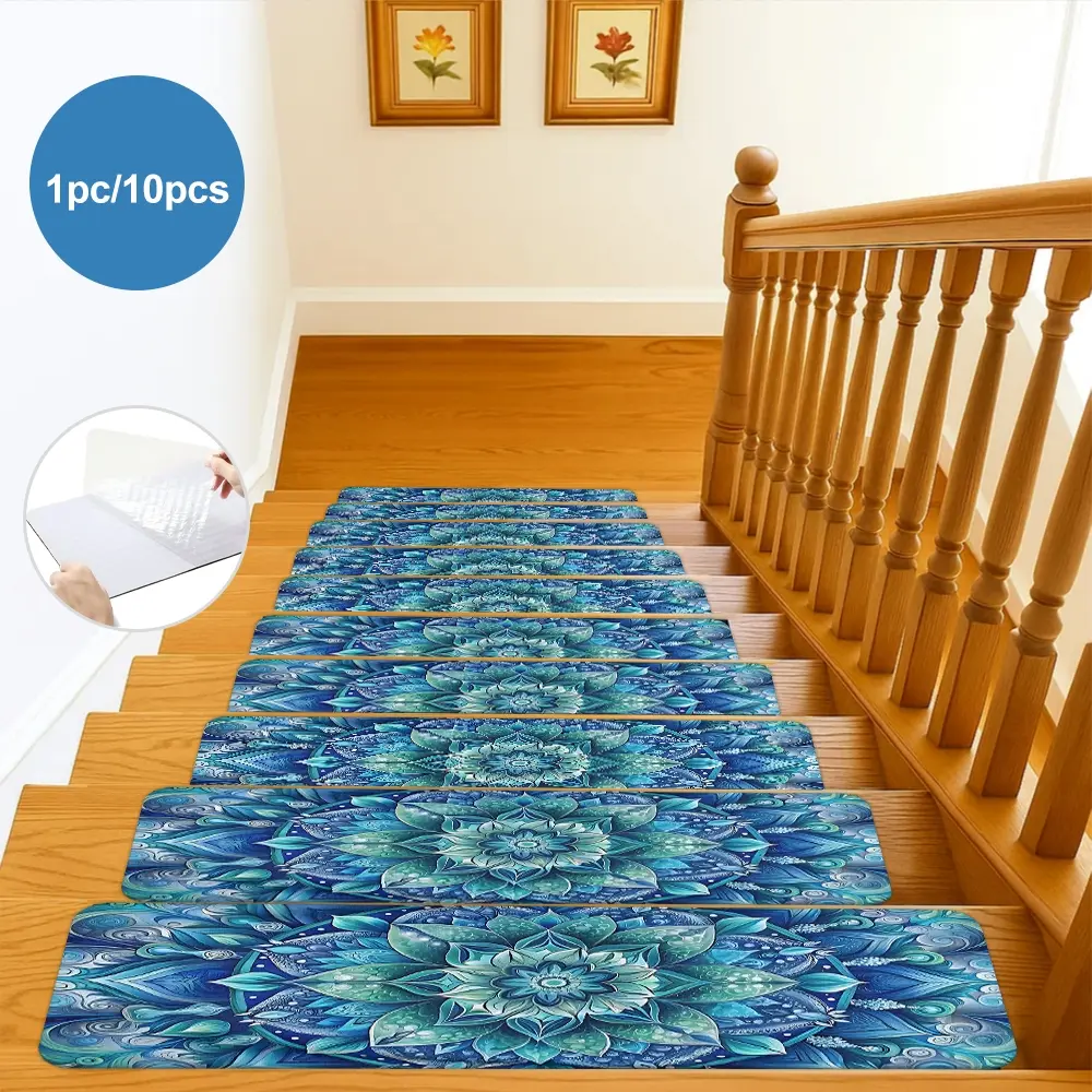 1pc/10pcs blue Bohemian pattern indoor stair safety non-slip mat, Stair Runner, Non slip rugs, reusable, rubber backing for low stair treads, self-adhesive without glue, can be cut to size, suitable for wooden or hard surfaces