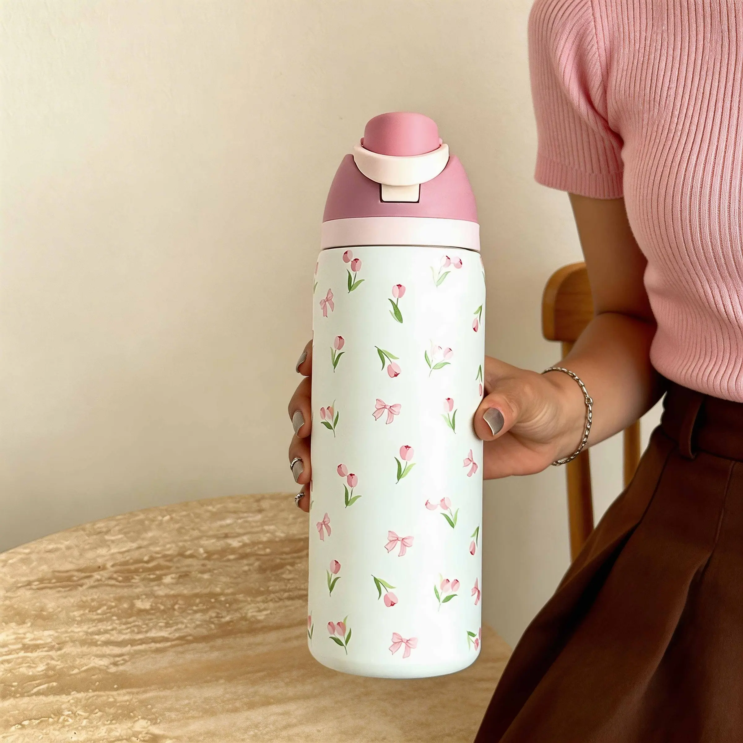 Tulip Bowknot Design Water Bottle, Insulated Bottles, Stainless Steel Insulated Flask, 24oz/32oz/40oz Capacity, Sports, School, Travel, Gym, Gift, Vacuum Insulated Tumbler