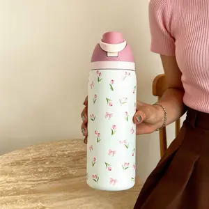 Tulip Bowknot Design Water Bottle, Stainless Steel Insulated Flask, 24oz/32oz/40oz Capacity, Sports, School, Travel, Gym, Gift, Insulated Travel Drinkware