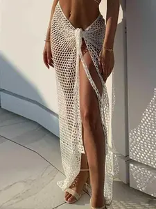 Women's Plain Hollow Out Sheer Knot Front Split Thigh Wrap Cover Up Dress, Boho Style Long Swimwear for Beach Holiday Vacation, Ladies Summer Clothes, Swimsuit Cover Up