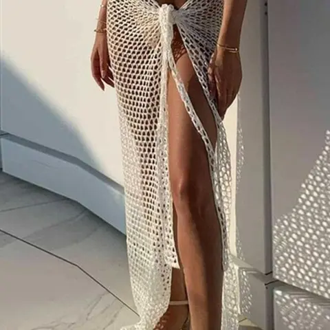 Women's Plain Hollow Out Sheer Knot Front Split Thigh Wrap Cover Up Dress, Boho Style Long Swimwear for Beach Holiday Vacation, Ladies Summer Clothes, Swimsuit Cover Up, Swimwear Coverups, Bathing Suit Cover Ups, Cover Up Beachwear