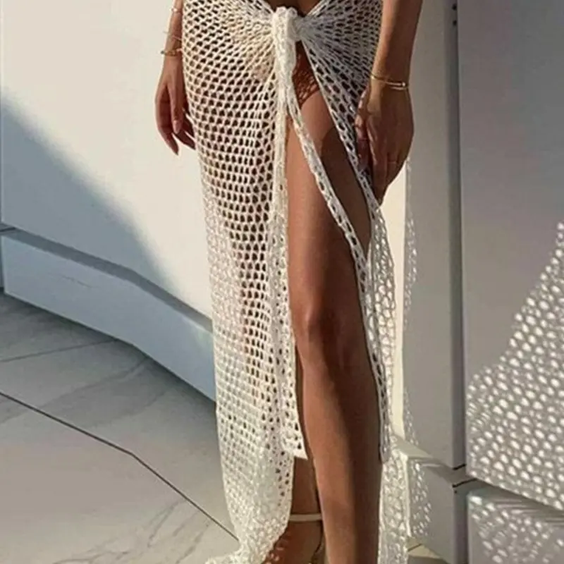 Women's Plain Hollow Out Sheer Knot Front Split Thigh Wrap Cover Up Dress, Boho Style Long Swimwear for Beach Holiday Vacation, Ladies Summer Clothes, Swimsuit Cover Up, Swimwear Coverups, Bathing Suit Cover Ups, Cover Up Beachwear