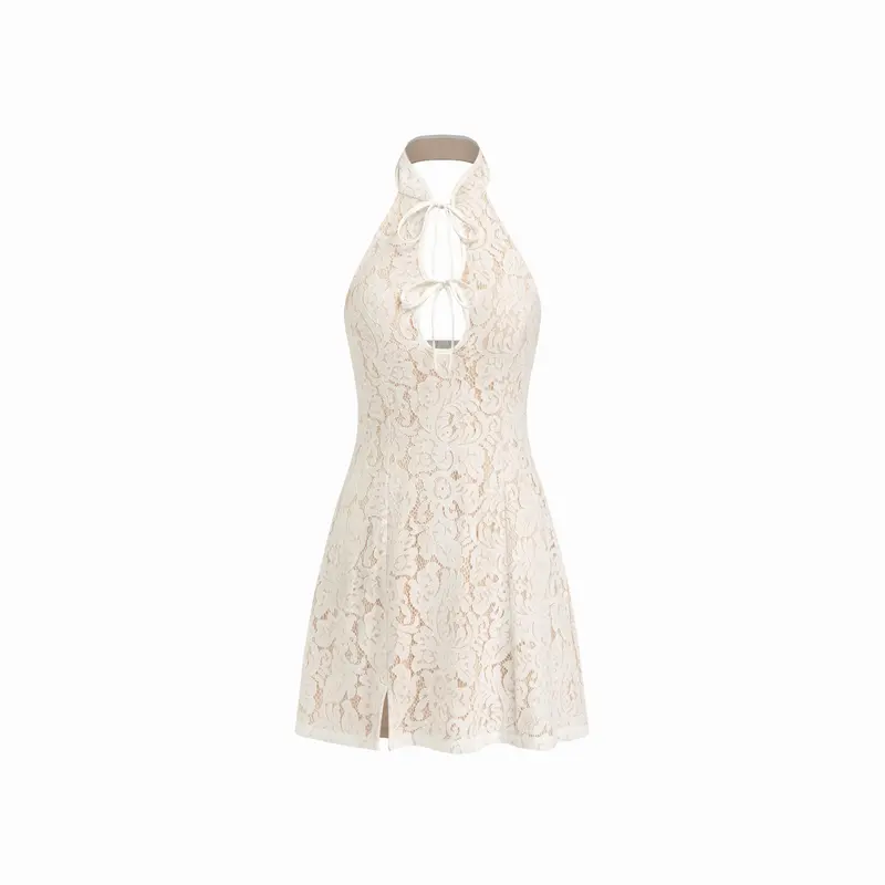 form fitting cocktail dress with lace halter neckline Off White Lace Button Down Halter Mini Dress main image 0