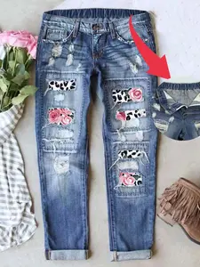 Women's Distressed Boyfriend Jeans Patch Ripped Unique Aesthetic Leopard Floral Print Denim Vintage Wash Casual Fitted Mid-Waist Button Comfy for All Seasons