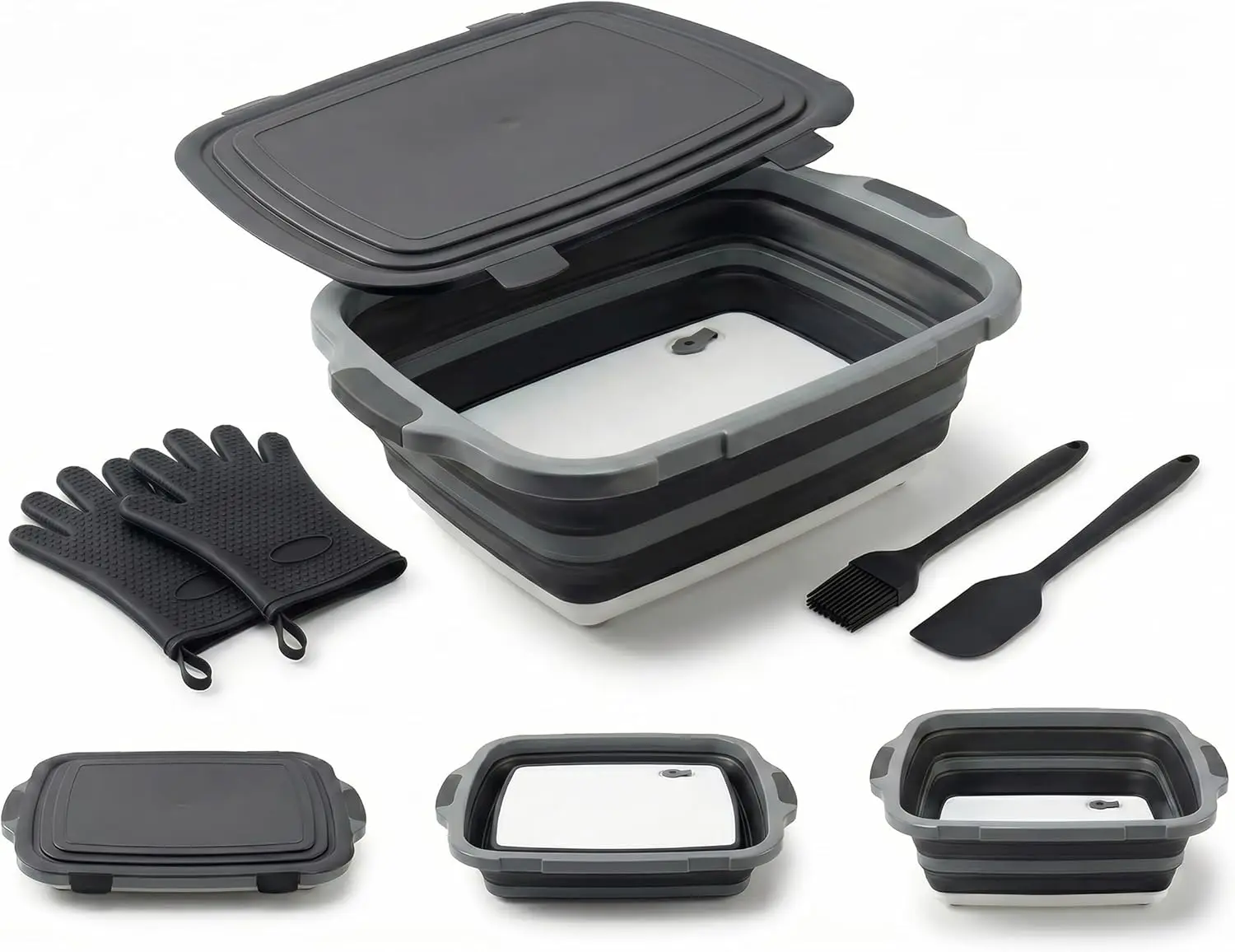 Collapsible BBQ Prep Tub with Lid & Cutting Board 16L - XL Meat Marinating & Grill Carry System - 5pc Set with Heat Resistant Gloves, Basting Brush & Spatula (Black, Large, 16L)