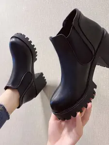 New Waterproof Retro Short Cuff Solid Color Round Toe Thick Sole Boots, PU Leather Upper, Rubber Sole, Casual Style, All Seasons