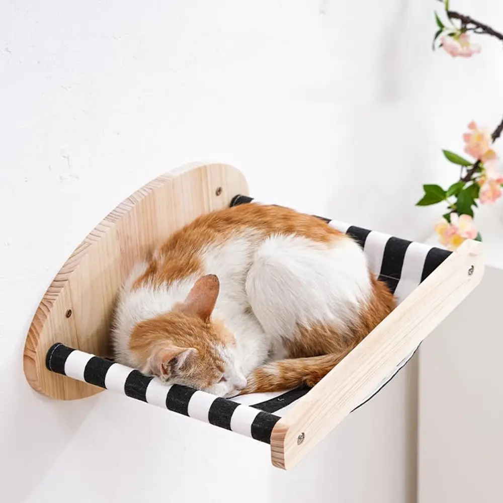 Hammock Wall Mounted Cat Bed and Perch Wooden Kitten Wall Furniture Black Striped Wall Mounted Cat Bed Stable Cat Perch for Sleeping Playing Climbing and Resting Suitable for Cats of Different Ages