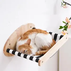 Hammock Wall Mounted Cat Bed and Perch Wooden Kitten Wall Furniture Black Striped Wall Mounted Cat Bed Stable Cat Perch for Sleeping Playing Climbing and Resting Suitable for Cats of Different Ages