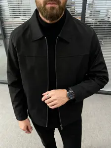 Men's Lightweight Business Lapel Jacket, Coats, 100% Polyester Fiber, Zipper Closure, Simple Plain Casual Outerwear, Spring & Fall