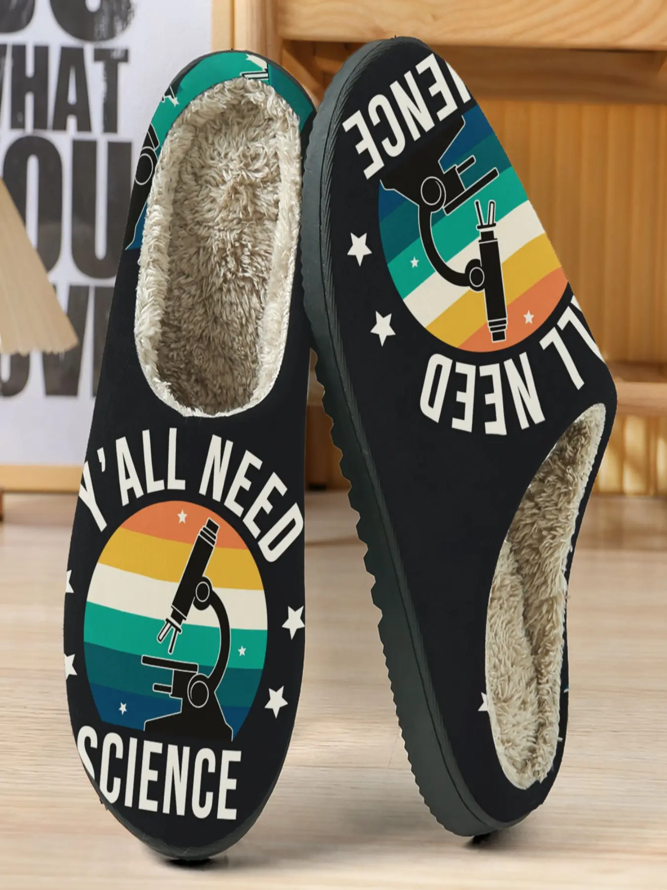 Vintage Science Themed Cotton Slippers, Microscope Pattern, Rainbow Gradient Background, Soft Plush Lining, Casual Home Wear