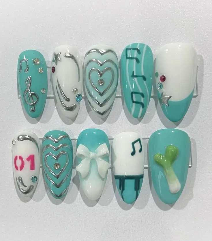 Hatsune Miku Press On Nails, Vocaloid Blue White 3D Fake Nails, 01 Music Note Bow Heart Rhinestone Nail Art, Kawaii Anime Handmade Reusable Nail Set | Gift Set (Adhesive Tabs, Nail File, Cuticle Stick)