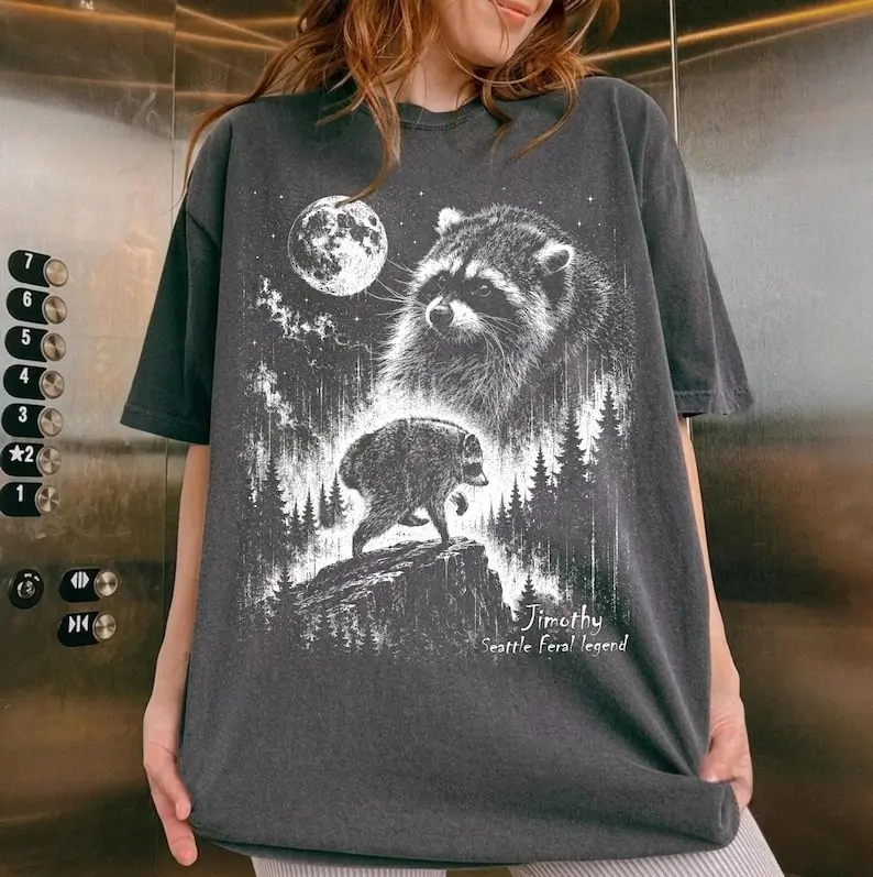 Comfort Colors Vintage Jimothy Raccoon T Shirt, Seattle Feral Legend Graphic Tee, Retro Moon Graphic Tshirt, Funny Trash Panda Cottagecore Animal