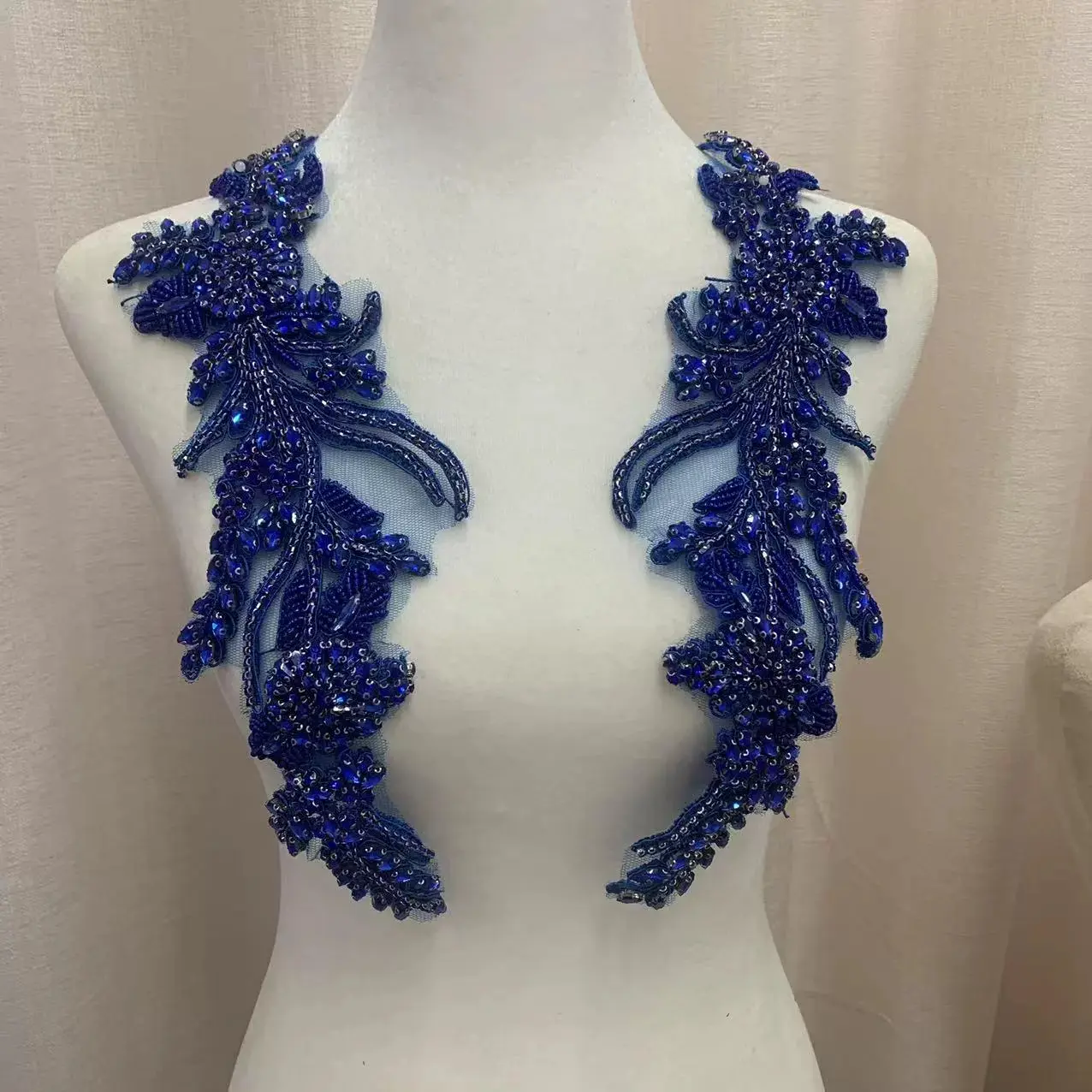 Handmade Floral Embroidered Rhinestone Applique Pair Set, Gold Polyester Garment Accessory for Wedding Gowns & Formal Dresses' Bodice Area, 13x33cm, Rhinestones