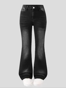 Girls' Fashion Elastic Bell-Bottom Jeans, Adjustable Waistband, Long Pants, All Seasons, Casual Slim-Fitting Denim, Classic Look