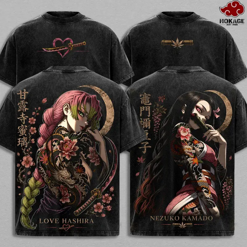 Vintage Demon Slayer T-Shirt for Men, Oversized Japanese Streetwear Graphic Tee. Distressed Mitsuri Kanroji & Nezuko Kamado Kimetsu No Yaiba Manga Shirt. Retro Love Hashira Anime Tops for Casual Gym Wear. Premium Otaku Clothing & Mens Merch Pump Cover!!