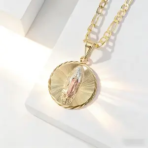 Elegant Pendant Necklace Round Design 14K Gold Plated Copper Vintage Religious Jewelry for Casual Wear and Gifts