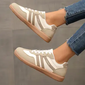 [Local Warehouse] Women's Fashionable Pink Lace Up Low Top Sneakers Casual Comfortable Sports Shoes for Daily Wear Round Toe Design White Stripes Brown Sole Lightweight Stylish
