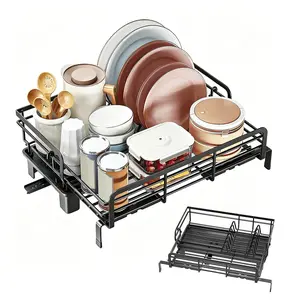 Extendable Dish Rack, Stainless Steel Sink Dish Drainer, Black Dish Drying Rack, V-Shaped Card Slot Design, Kitchen Dish Organizer with Drainboard