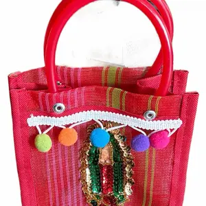 Virgin Mary's Fiesta Favors Mini Mesh Bag for Mexican Party - Red & Green Striped Nylon Market Tote