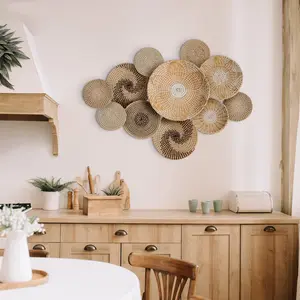 Set 11 of Wall Hanging Woven Basket, Boho Wall Basket Decor, Bohemian Style Basket Decor, Rustic Handmade Round Wall Basket for African Design, Farmhouse Decor
