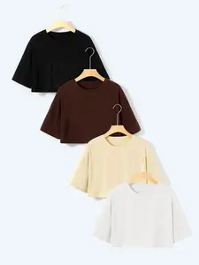 4-Piece American Style Cropped T-Shirt Set, Gym Tees, Fitness Top for Casual, Sports, Gym, and Daily Wear, Perfect Gift for Aunts and Moms