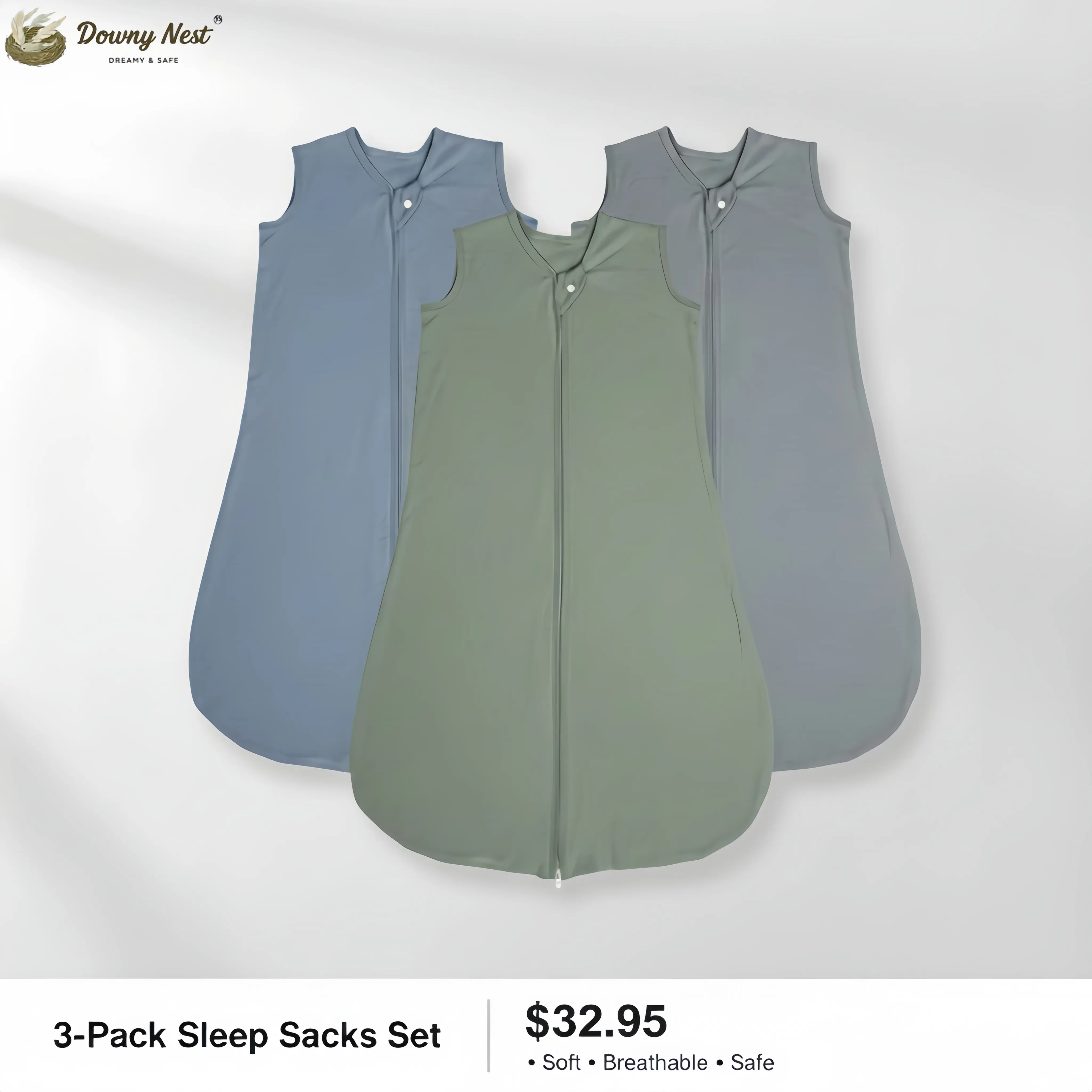 DownyNest Unisex Swaddle Set, 3-Pack 100% Organic Cotton Wearable Blanket Sleep Sacks, 0.5 Tog Lightweight Breathable Infant Sleepwear with 2-Way Zipper, Secure Fit for 0-18 Months Baby-Safe Use, Newborn Gifts, Camping Essentials
