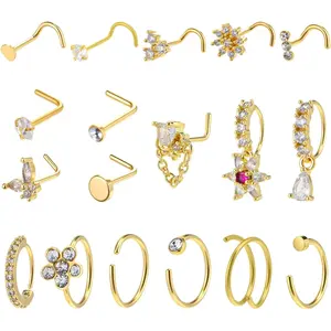18 count  Nose Rings for Women, 20G Stainless Steel Nose Rings Hoops L Shaped Nose Studs Dangle Nose Ring Corkscrew Heart Butterfly Flower CZ Daith Tragus