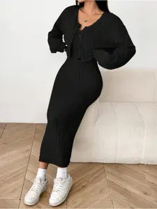 French Style Knitted Arm Dress Set for Women, Spring & Fall Vintage Sweater Cardigan Vest Dress Two-Piece Set, Youthful Look