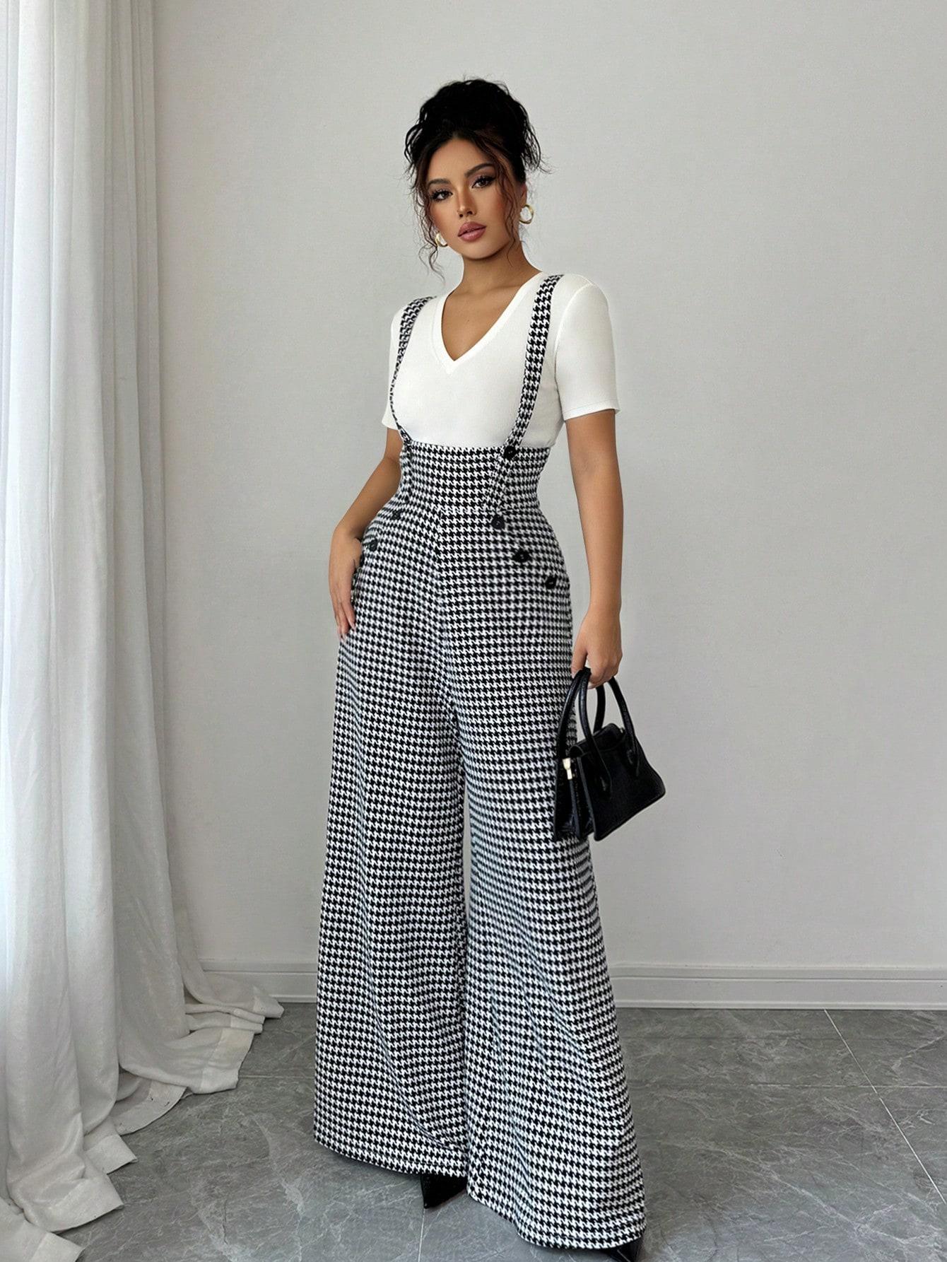 ASANDY Women's Houndstooth Print Wide Leg Overalls Button Detail High Waist Suspender Jumpsuit Casual Elegant Silhouette Versatile Style Perfect For Office Daily Brunch & Streetwear Looks