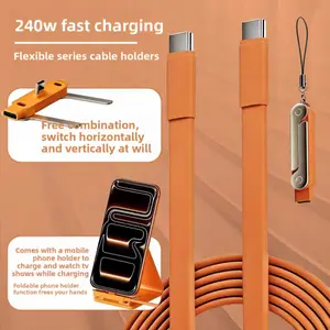 240W SuperCharge 2-in-1 Detachable Type-C Cellphone Charging Cable, Zinc Alloy Silicone Electronic Cable with Rotatable Invisible Stand, Single-Head Extend Charger for Apple & Samsung Mobile Phones, Ideal for Gaming & Car Use (Phone Accessories)