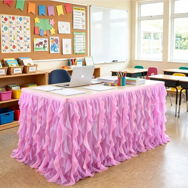 Boho Rainbow Ruffled Teacher Desk Skirt - Wrinkle Resistant Pastel Desk Cover for Hiding Clutter, Classroom Decor for Teachers, Party Decoration Supplies, Decorations Accessories for Valentine's Day, Children's Day halloween decor 2026