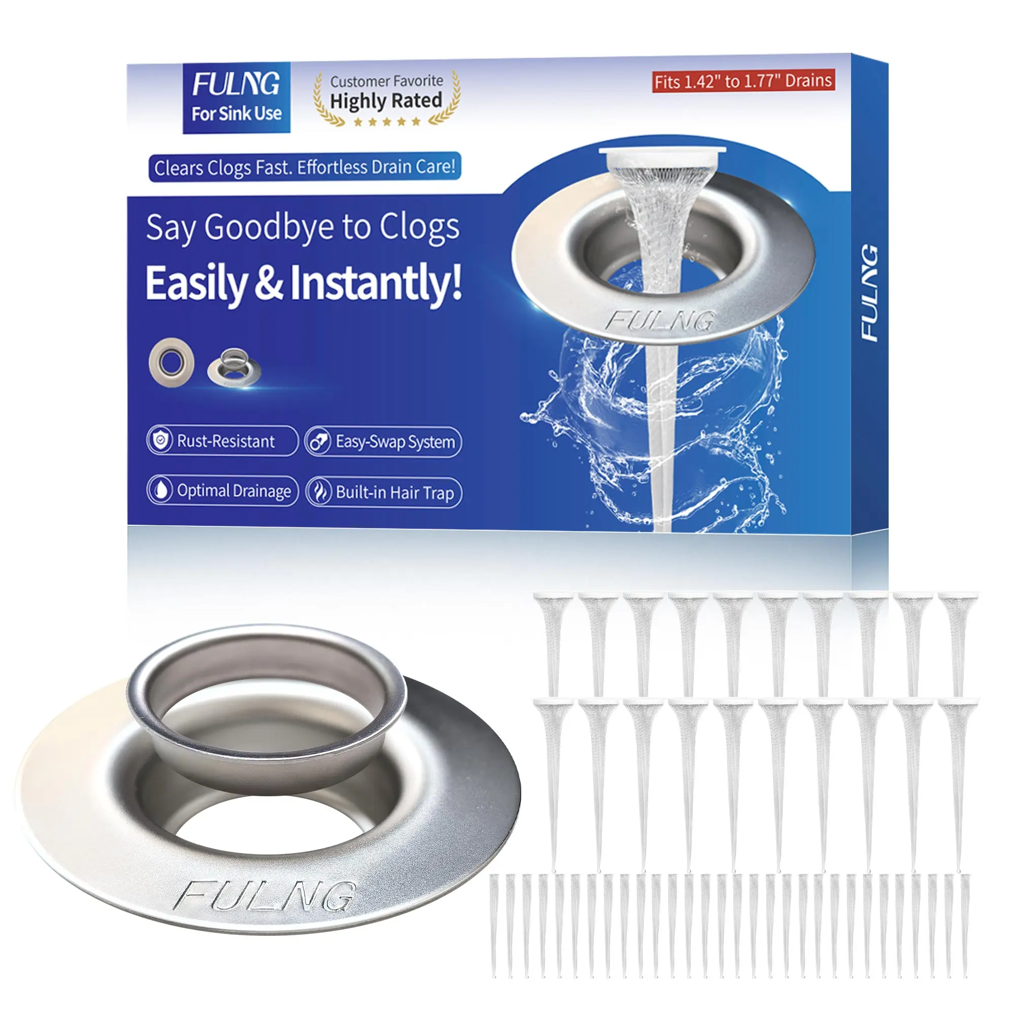 No-Touch Sink Drain Hair Catcher, 20 Replaceable Nets Included, Stainless Steel Bathroom Sink Strainer, Fits 1.4"-1.8" Drains, Mess-Free, Easy to Clean