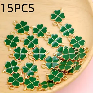 15-Piece Clover Pendant Set, Glossy Enamel Party Accessories, DIY Jewelry Making, St. Patrick's Day Decor, Ideal Gift