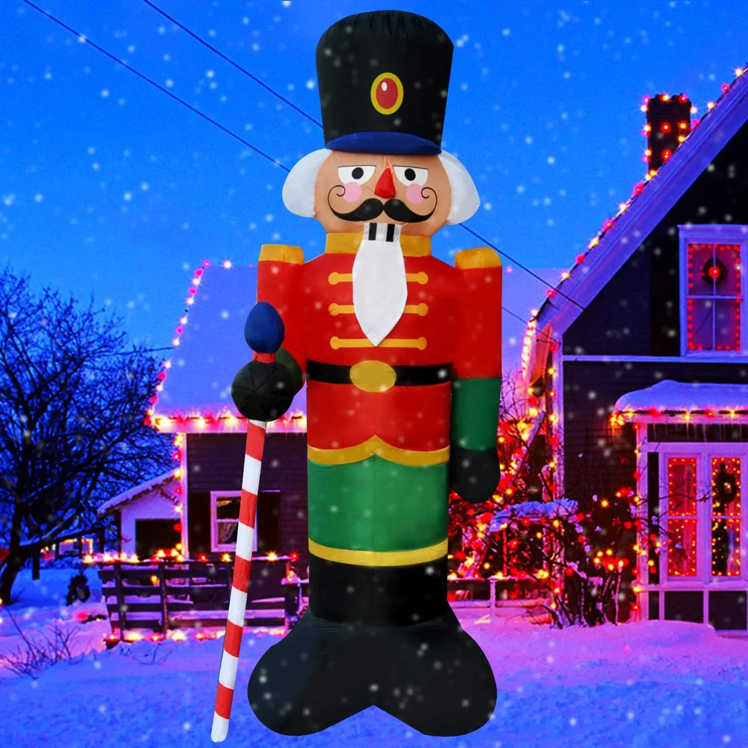 SEASONBLOW 8 Ft Light Up Inflatable Christmas Nutcracker House Guard with Candy Scepter Decoration for Yard Lawn Garden Home Party Indoor Outdoor