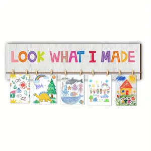 Wooden Hanging Sign with Clips, Art Display Hanging Board, Artwork Photo Display for Wall, Decorative Sign with Aesthetic Design for Home Bedroom Classroom, Hangable, Art Wall Decoration