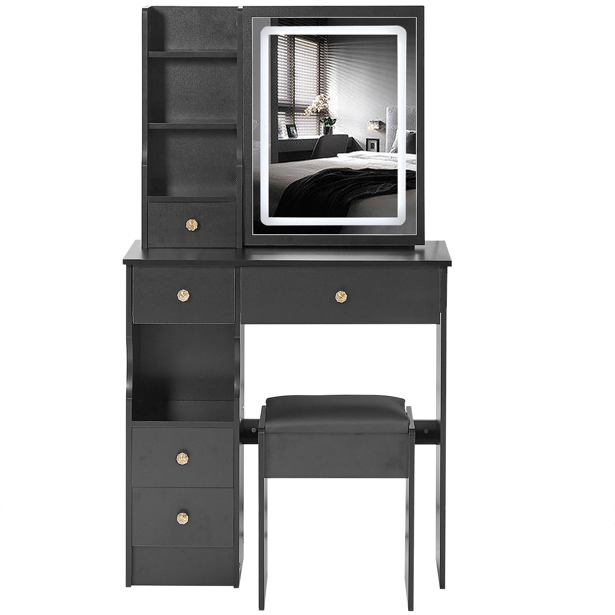 29.2" Small Size Left Drawer Desktop Vanity Table + Cushioned Stool, Large Sliding, Touch Control, Tri-color Switching, Brightness Adjust LED Mirror, High Capacity Storage, Suitable for Small Space