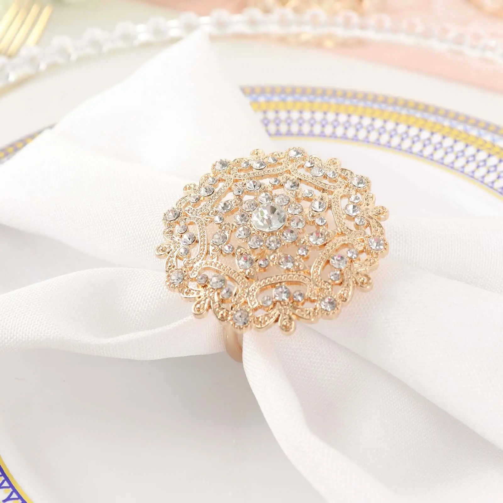 4-Pack Diamond Rhinestone Gold Metal Flower Napkin Rings - Decorative Napkin Buckle Holders for Home Tableware