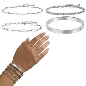 4Pcs Silver Bracelet Set Waterproof 316L Stainless Steel North Star Bangle & Mixed Link Stack Y2K Aesthetic Jewelry Gift for Women