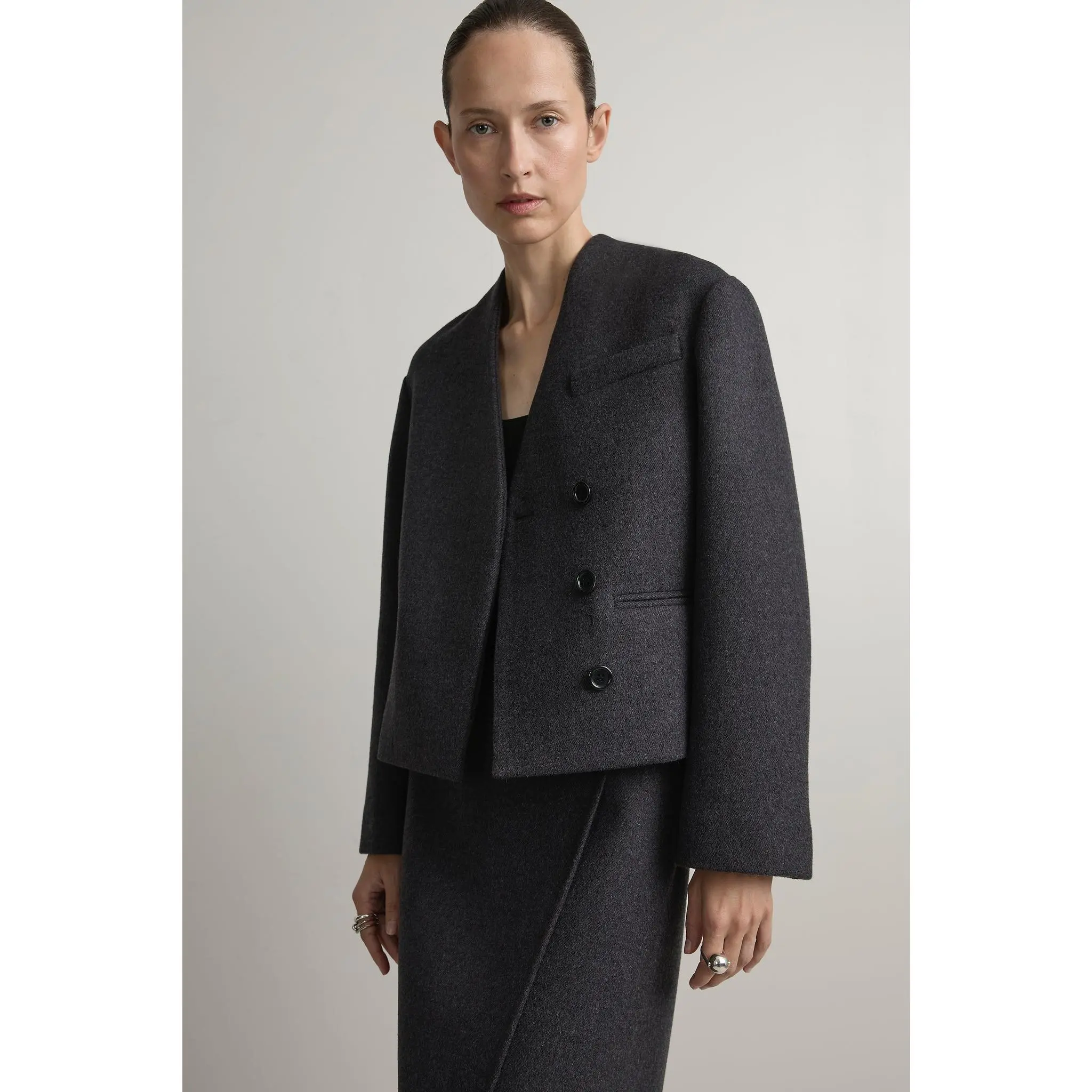 Women's Nylon-Wool Fitted Emery Drew Jacket - Charcoal Melange, Minimalist Elegant Design, Viscose-Blend Accents, Button Closure