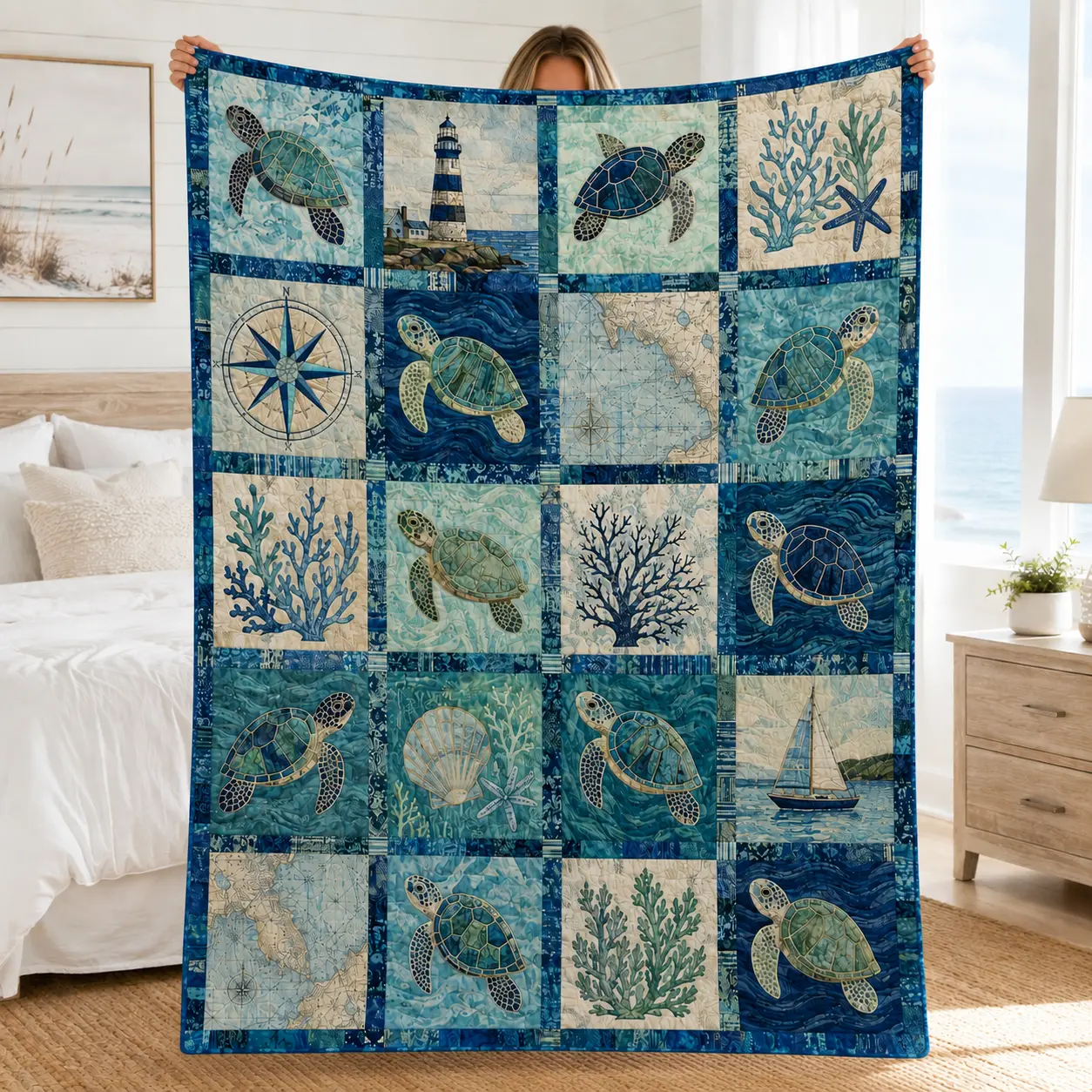Sea Turtle Coastal Nautical Patchwork Flannel Throw Blanket, Ocean Marine Life Soft Fleece Blanket for Beach House, Cozy Couch Bed Home Decor Gift