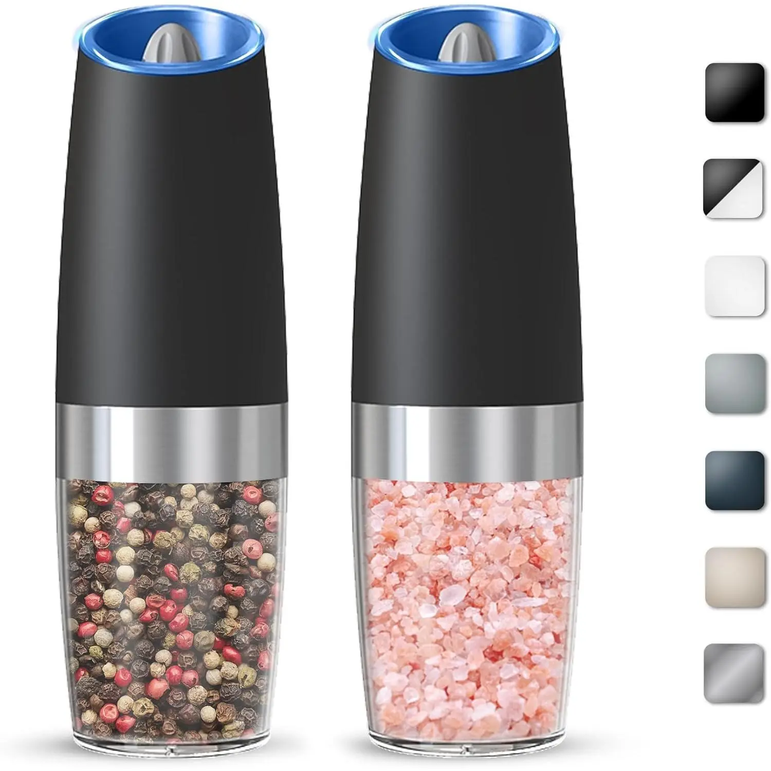 Gravity Electric Salt And Pepper  Set, Automatic Salt And Pepper  Set,   (6 AAA  Each), Adjustable Roughness, LED Light, 2 Pack, (Black)