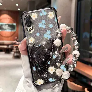 M02 Lovely Blue Flowers Transparent Magnetic Glitter Pearl Strap Lanyard Phone Holder Case with Durable Cover Compatible with For Samsung Galaxy M02
