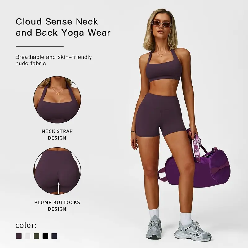 MFVIM Female 2-Piece Seamless Yoga Set - Cloud-Sense Neck & Back Short Top, High-Waisted Biking Tights, Breathable Skin-Friendly All Seasons Sports Outfits for Gym, Workout Running Outfits, Matching Workout Sets