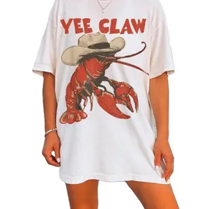 Lobster Cowboy T-Shirt, Trendy Yee Claw Tee, Funny Lobster Tshirt, Western Beach Tee, Amalfi Coast Trip Tomato Girl Summer, Oversized Cotton Tee